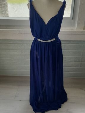 Express Royal Blue V-Neck Chiffon Maxi Dress with Rhinestone Waist